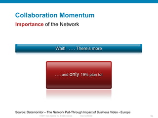 Collaboration Momentum
Importance of the Network



                                       Wait! . . . There’s more




                                      . . . and only 19% plan to!




Source: Datamonitor – The Network Pull-Through Impact of Business Video - Europe
                © 20011 Cisco Systems, Inc. All rights reserved.   Cisco Confidential   16
 