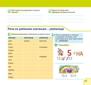 103103
[ta zna~i stih: Domovina se brani
kwigom?
Za{to se pesma zove
Domovina se brani lepotom?
Re~i sa uve}anim zna~ewem ‡ uve}anice
imenica umawenica uve}anica
ku}a ku}ica ku}etina
kapa
ptica pti~urina
zgrada
voda
glava glavurda
noga
momak
zec
medved
buba
komad
Napi{i umawenice i uve}anice od zadatih re~i: Re~i sa uve}anim, a ponekad
i pogrdnim zna~ewem, koje
ozna~avaju da je neki pojam uve}an
su ‡ uve}anice.
Re{i rebuse.
 