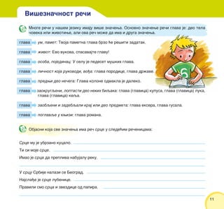11
Mnoge re~i u na{em jeziku imaju vi{e zna~ewa. Osnovno zna~ewe re~i glava je: deo tela
~oveka ili `ivotiwe, ali ova re~ mo`e da ima i druga zna~ewa.
glava um, pamet: Tvoja pametna glava brzo }e re{iti zadatak.
glava `ivot: Evo vukova, spasavajte glavu!
glava osoba, pojedinac: U selu je pedeset mu{kih glava.
glava li~nost koja rukovodi, vo|a: glava porodice, glava dr`ave.
glava predwi deo ne~ega: Glava kolone odmakla je daleko.
glava zaokrugqeni, loptasti deo nekih biqaka: glava (glavica) kupusa, glava (glavica) luka,
glava (glavica) keqa.
glava zaobqeni i zadebqali kraj ili deo predmeta: glava eksera, glava gusala.
glava poglavqe u kwizi: glava romana.
Objasni koja sve zna~ewa ima re~ srce u slede}im re~enicama:
Srce mu je ubrzano kucalo.
Ti si moje srce.
Imao je srca da prepliva nabujalu reku.
U srcu Srbije nalazi se Beograd.
Najsla|e je srce lubenice.
Pravili smo srca i zvezdice od papira.
Vi{ezna~nost re~i
 