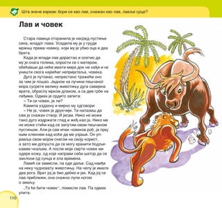 110
Lav i ~ovek
[ta zna~e izrazi: bori se kao lav, sna`an kao lav, lavqe srce?
Stara lavica othranila je nasred pustiwe
sina, mladog lava. Usadila mu je u grudi
mr`wu prema ~oveku, koji mu je ubio oca i dva
brata.
Kada je mladi lav dorastao i osetio da
mu je snaga golema, oprosti se s materom,
obe}av{i da ne}e imati mira dok ne na|e i ne
uni{ti svoga najve}eg neprijateqa, ~oveka.
Dugo je putovao, neprestano tra`e}i ono
za ~im je po{ao. Jednom na pu~ini pe{~anog
mora susrete veliku `ivotiwu duga savijena
vrata, obraslu mrkom dlakom, a sa dve grbe na
le|ima. Odmah je srdito zapita:
‡ Ti si ~ovek, je li?
Kamila uzdahnu i mirno mu odgovori:
‡ Ne ja, ~ovek je druk~iji. Ti nalazi{ da
sam ja sna`an stvor. I jesam. Niko ne mo`e
tako dugo izdr`ati glad i `e| kao ja. Niko me
ne mo`e sti}i kad se zaputim ovom pe{~anom
pustiwom. Ali ja sam ipak ~ovekov rob, ja pred
wim kleknem kad ho}e da me uzja{e. On up-
ravqa svom mojom snagom na svoju korist,
a zato mi dopu{ta da se mogu hraniti bodqi-
kavim ~kaqem. A posle moje smrti ~ovek mi
odere ko`u, od koje napravi sebi {ator da se
zakloni od sunca i zla vremena.
Lavi} se zamisli, pa ode daqe. Sad nai|e
na neku ~udnovatu `ivotiwu. Na ~elu je imala
dva roga. Vrat joj je bio debeo i jak. Kad joj se
lav pribli`i, ona sna`no lupi nogom
o zemqu.
„To }e biti ~ovek“, pomisli lav. Pa odmah
upita:
 