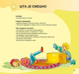 121
6. [TA JE SME[NO
^ITAMO
• {aqive pri~e i pesme
U^IMO I VE@BAMO
• dramska radwa (po~etak zapleta, rasplet)
• glagolske odredbe za vreme, mesto i na~in vr{ewa radwe
TVOJ ZADATAK ]E BITI
• da smisli{ i napi{e{ {aqiv dijalog
• da napi{e{ kratku „izokrenutu“ pri~u
• da od {aqive pesme napravi{ sme{nu pri~u
• da odredi{ poruke jedne pri~e
• da sa svojim drugarima napravi{ pozori{nu predstavu
• da re{i{ ukr{tenicu
• da od pri~e napravi{ strip
121
 