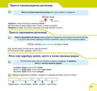 137137
Prosta (nepro{irena) re~enica
Prosta (nepro{irena) re~enica ima samo subjekat i predikat.
Potok te~e.
Subjekat u ovoj re~enici je imenica potok,
jer ozna~ava ko vr{i radwu (ili o kome, o ~emu se govori).
Predikat je te~e. Taj glagol ozna~ava {ta radi subjekat (potok).
Prosta pro{irena re~enica
No}as potok kroz poqe ne~ujno te~e.
Koju slu`bu imaju ostale re~i u ovoj re~enici?
Ostale re~i bli`e odre|uju glagol te~e.
Re~i koje odre|uju vreme, mesto i na~in vr{ewa radwe
Postoje re~i koje stoje uz glagole i bli`e ih odre|uju po vremenu,
mestu i na~inu vr{ewa radwe.
za vreme: Kada potok te~e? no}as
za mesto: Kuda (gde) potok te~e? kroz poqe
za na~in: Kako potok te~e? ne~ujno
subjekat predikat
Odredi slu`bu re~i (subjekat, predikat i odredbe za vreme, mesto i na~in).
Radoznalo se ogledao jelen jutros na potoku.
Prosta pro{irena re~enica pored subjekta i predikata ima i druge re~eni~ne delove.
To su re~i koje bli`e odre|uju glagole po vremenu, mestu i na~inu vr{ewa radwe.
 