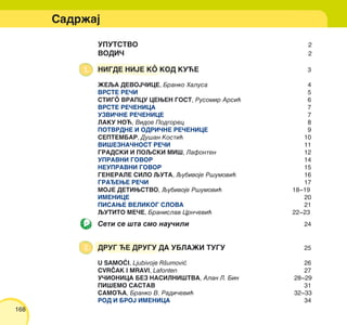 168
UPUTSTVO 2
VODI^ 2
NIGDE NIJE KÔ KOD KU]E 3
@EQA DEVOJ^ICE, Branko Halusa 4
VRSTE RE^I 5
STIGÔ VRAPCU CEWEN GOST, Rusomir Arsi} 6
VRSTE RE^ENICA 7
UZVI^NE RE^ENICE 7
LAKU NO], Vidoe Podgorec 8
POTVRDNE I ODRI^NE RE^ENICE 9
SEPTEMBAR, Du{an Kosti} 10
VI[EZNA^NOST RE^I 11
GRADSKI I POQSKI MI[, Lafonten 12
UPRAVNI GOVOR 14
NEUPRAVNI GOVOR 15
GENERALE SILO QUTA, Qubivoje R{umovi} 16
GRAEWE RE^I 17
MOJE DETIWSTVO, Qubivoje R{umovi} 18‡19
IMENICE 20
PISAWE VELIKOG SLOVA 21
QUTITO ME^E, Branislav Crn~evi} 22‡23
Seti se {ta smo nau~ili 24
DRUG ]E DRUGU DA UBLA@I TUGU 25
U SAMO]I, Ljubivoje R{umovi} 26
CVR^AK I MRAVI, Lafonten 27
U^IONICA BEZ NASILNI[TVA, Alan L. Bin 28‡29
PI[EMO SASTAV 31
SAMO]A, Branko V. Radi~evi} 32‡33
ROD I BROJ IMENICA 34
Sadr`aj
 