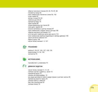 175175
objasni zna~ewe stihova 23, 43, 76, 87, 96
posavetuj svica 45
kako zami{qa{ pesni~ke slike 50, 142
klin-~orba 52
vetar i sunce 54‡55
sebi~ni xin 58‡61
prepri~aj bajku 70
prva qubav 80
opi{i devoj~icu od stakla 85
pipi duga ~arapa 92
iznesi zapa`awa o ritmu pesama 97
kako zami{qa{ gladnog vuka i jagwad 108
objasni zna~ewe poslovice 112
{ta sve dete treba da nau~i dok raste 116
kako zami{qa{ vrapca podunavca i sjenicu djevojku 126
za{to je basna sme{na 131
bajka o kowu 146
nau~i pesmu napamet 5, 157
RE[AVAMO
rebuse 5, 39, 87, 103, 127, 129, 135
ukr{tenice 14, 55, 135
zagonetke 79
ISTRA@UJEMO
prona|i vest u novinama 73
DOMA]I ZADATAK
nau~i pesmu napamet 5, 17, 23
napi{i sastav o drvetu u jesen 10
prepri~aj basnu 13
napi{i autobiografiju 19
jo{ jedan doga|aj iz `ivota deda-tri{e i wegovog ma~ka 39
prepri~aj ukratko pri~u 45
napi{i pri~u o zimi 50
bio sam snala`qiv 53
napi{i pismo 76
 