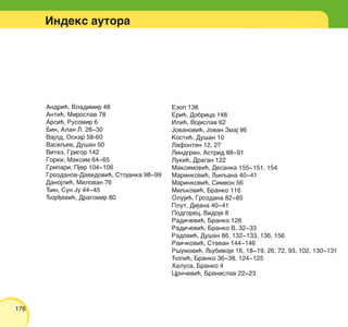Andri}, Vladimir 48
Anti}, Miroslav 78
Arsi}, Rusomir 6
Bin, Alan L. 28‡30
Vajld, Oskar 58-60
Vasiqev, Du{an 50
Vitez, Grigor 142
Gorki, Maksim 64‡65
Gripari, Pjer 104‡106
Grozdanov-Davidovi}, Stojanka 98‡99
Danojli}, Milovan 76
in, Sun Ju 44‡45
or|evi}, Dragomir 80
Indeks autora
Ezop 138
Eri}, Dobrica 148
Ili}, Vojislav 62
Jovanovi}, Jovan Zmaj 96
Kosti}, Du{an 10
Lafonten 12, 27
Lindgren, Astrid 88‡91
Luki}, Dragan 122
Maksimovi}, Desanka 155‡151, 154
Marinkovi}, Qiqana 40‡41
Marinkovi}, Simeon 56
Miqkovi}, Branko 116
Oluji}, Grozdana 82‡85
Plut, Dijana 40‡41
Podgorec, Vidoje 8
Radi~evi}, Branko 128
Radi~evi}, Branko V. 32‡33
Radovi}, Du{an 86, 132‡133, 136, 156
Rai~kovi}, Stevan 144‡146
R{umovi}, Qubivoje 16, 18‡19, 26, 72, 93, 102, 130‡131
]opi}, Branko 36‡38, 124‡125
Halusa, Branko 4
Crn~evi}, Branislav 22‡23
178
 