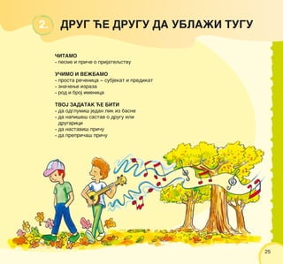 2525
2. DRUG ]E DRUGU DA UBLA@I TUGU
^ITAMO
• pesme i pri~e o prijateqstvu
U^IMO I VE@BAMO
• prosta re~enica ‡ subjekat i predikat
• zna~ewe izraza
• rod i broj imenica
TVOJ ZADATAK ]E BITI
• da odglumi{ jedan lik iz basne
• da napi{e{ sastav o drugu ili
drugarici
• da nastavi{ pri~u
• da prepri~a{ pri~u
2525
 