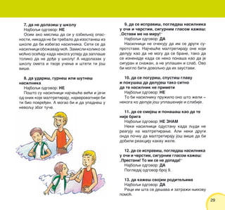2929
7. da ne dolazi{ u {kolu
Najboqi odgovor: NE
Osim ako misli{ da si u ozbiqnoj opas-
nosti, nikada ne bi trebalo da izostane{ iz
{kole da bi izbegao nasilnika. Seti se da
nasilnici obo`avaju mo}. Zamisli koliko se
mo}no ose}aju kada nekoga uspeju da zapla{e
toliko da ne do|e u {kolu! A nedolazak u
{kolu ometa i tvoje u~ewe i {teti ti jo{
vi{e.
8. da udari{, gurne{ ili {utne{
nasilnika
Najboqi odgovor: NE
Po{to su nasilnici naj~e{}e ve}i i ja~i
od onih koje maltretiraju, najverovatnije bi
ti bio povre|en. A mogao bi i da upadne{ u
nevoqu zbog tu~e.
9. da se ispravi{, pogleda{ nasilnika
u o~i i ~vrstim, sigurnim glasom ka`e{:
„Ostavi me na miru!“
Najboqi odgovor: DA
Nasilnici ne o~ekuju da im se drugi su-
protstave. Naj~e{}e maltretiraju one koji
deluju kao da ne mogu da se brane, tako da
se iznenade kada se neko pona{a kao da je
siguran i sna`an, a ne upla{en i slab. Ovo
bi moglo biti dovoqno da ih zaustavi.
10. da se poguri{, spusti{ glavu
i poku{a{ da deluje{ tako sitno
da te nasilnik ne primeti
Najboqi odgovor: NE
To bi nasilniku pru`ilo ono {to `eli ‡
nekoga ko deluje jo{ upla{enije i slabije.
11. da se smeje{ i pona{a{ kao da te
nije briga
Najboqi odgovor: NE ZNAM
Neki nasilnici odustanu kada qudi ne
reaguju na maltretirawe. Ali neki drugi
onda po~nu da maltretiraju jo{ vi{e da bi
dobili reakciju kakvu `ele.
12. da se ispravi{, pogleda{ nasilnika
u o~i i ~vrstim, sigurnim glasom ka`e{:
„Prestani! To mi se ne dopada!“
Najboqi odgovor: DA
Pogledaj odgovor broj 9.
13. da ka`e{ svojim roditeqima
Najboqi odgovor: DA
Reci im {ta se de{ava i zatra`i wihovu
pomo}.
 