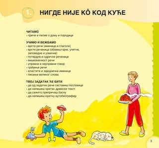 ^ITAMO
• pri~e i pesme o domu i porodici
U^IMO I VE@BAMO
• vrste re~i (imenice i glagoli)
• vrste re~enica (obave{tajne, upitne,
zapovedne i uzvi~ne)
• potvrdne i odri~ne re~enice
• vi{ezna~nost re~i
• upravni i neupravni govor
• gra|ewe re~i
• vlastite i zajedni~ke imenice
• pisawe velikog slova
TVOJ ZADATAK ]E BITI
• da od zadatih re~i sastavi{ poslovice
• da napi{e{ kratak dramski tekst
• da sa`eto prepri~a{ basnu
• da napi{e{ kratku autobiografiju
1. NIGDE NIJE KÔ KOD KU]E
3
 