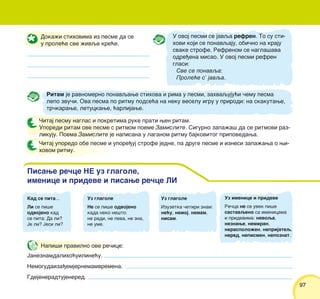 9797
Pisawe re~ce NE uz glagole,
imenice i prideve i pisawe re~ce LI
Napi{i pravilno ove re~ice:
Janeznamdaliho}uiline}u.
Nemogudaiza|emjernemamvremena.
Gdejeneradtujenered.
Doka`i stihovima iz pesme da se
u prole}e sve `ivqe kre}e.
U ovoj pesmi se javqa refren. To su sti-
hovi koji se ponavqaju, obi~no na kraju
svake strofe. Refrenom se nagla{ava
odre|ena misao. U ovoj pesmi refren
glasi:
Sve se ponavqa:
Prole}e s’ javqa.
Ritam je ravnomerno ponavqawe stihova i rima u pesmi, zahvaquju}i ~emu pesma
lepo zvu~i. Ova pesma po ritmu podse}a na neku veselu igru u prirodi: na skakutawe,
tr~karawe, letuckawe, }arlijawe.
^itaj pesmu naglas i pokretima ruke prati wen ritam.
Uporedi ritam ove pesme s ritmom poeme Zamislite. Sigurno zapa`a{ da se ritmovi raz-
likuju. Poema Zamislite je napisana u laganom ritmu bajkovitog pripovedawa.
^itaj uporedo obe pesme i upore|uj strofe jedne, pa druge pesme i iznesi zapa`awa o wi-
hovom ritmu.
Uz glagole
Ne se pi{e odvojeno
kada neko ne{to:
ne radi, ne peva, ne zna,
ne ume.
Uz glagole
Izuzetka ~etiri znam:
ne}u, nemoj, nemam,
nisam.
Uz imenice i prideve
Re~ca ne se uvek pi{e
sastavqeno sa imenicama
i pridevima: nevoqa,
neznawe, nemiran,
neraspolo`en, neprijateq,
nered, nepismen, nepoznat.
Kad se pita...
Li se pi{e
odvojeno kad
se pita: Da li?
Je li? Jesi li?
 