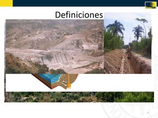 • Geología: Ciencia que trata de la forma exterior e
interior del globo terrestre, de la naturaleza de las
materias que lo componen y de su formación, de los
cambios o alteraciones que estas han experimentado
desde su origen, y de la colocación que tienen en su
actual estado.
• Geotecnia: Aplicación de principios de ingeniería a la
ejecución de obras públicas en función de las
características de los materiales de la corteza
terrestre.
Definiciones
6
 