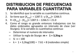 1. Se identificó que la variable es cuantitativa continua.
2. Se tiene que (Xmax) = 1287.5 y (Xmin)= 1266.5
3. R =(Xmax) - (Xmin)= 1287.5 – 1266.5 = 21.0
4. Como el rango es grande entonces trabajamos con los
datos ordenados agrupados en intervalo de clase (ver
Sturges). Si la variable es cuantitativa continua:
– Determinar el numero de intervalos
– Utilizar la regla de Sturge: m = 1 + 3,3log n
– Si n = 100
– k = 1 + 3,3log(100) = 7.61 = 8 (redondeo simple)
119
DISTRIBUCION DE FRECUENCIAS
PARA VARIABLES CUANTITATIVA
 