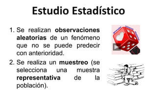 Estudio Estadístico
1. Se realizan observaciones
aleatorias de un fenómeno
que no se puede predecir
con anterioridad.
2. Se realiza un muestreo (se
selecciona una muestra
representativa de la
población).
 
