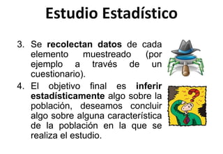 Estudio Estadístico
3. Se recolectan datos de cada
elemento muestreado (por
ejemplo a través de un
cuestionario).
4. El objetivo final es inferir
estadísticamente algo sobre la
población, deseamos concluir
algo sobre alguna característica
de la población en la que se
realiza el estudio.
 