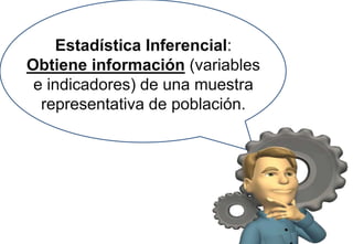 Estadística Inferencial:
Obtiene información (variables
e indicadores) de una muestra
representativa de población.
 
