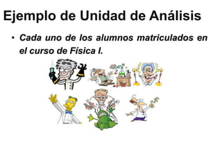 Ejemplo de Unidad de Análisis
• Cada uno de los alumnos matriculados en
el curso de Física I.
 