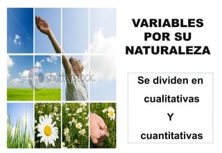 VARIABLES
POR SU
NATURALEZA
Se dividen en
cualitativas
Y
cuantitativas
 