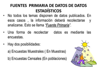 FUENTES PRIMARIA DE DATOS DE DATOS
ESTADÍSTICOS
75
.
• No todos los temas disponen de datos publicados. En
esos casos , la información deberá recolectarse y
analizarse. Esto se llama “Fuente Primaria”.
• Una forma de recolectar datos es mediante las
encuestas.
• Hay dos posibilidades:
a) Encuestas Muestrales ( En Muestras)
b) Encuestas Censales (En poblaciones)
 