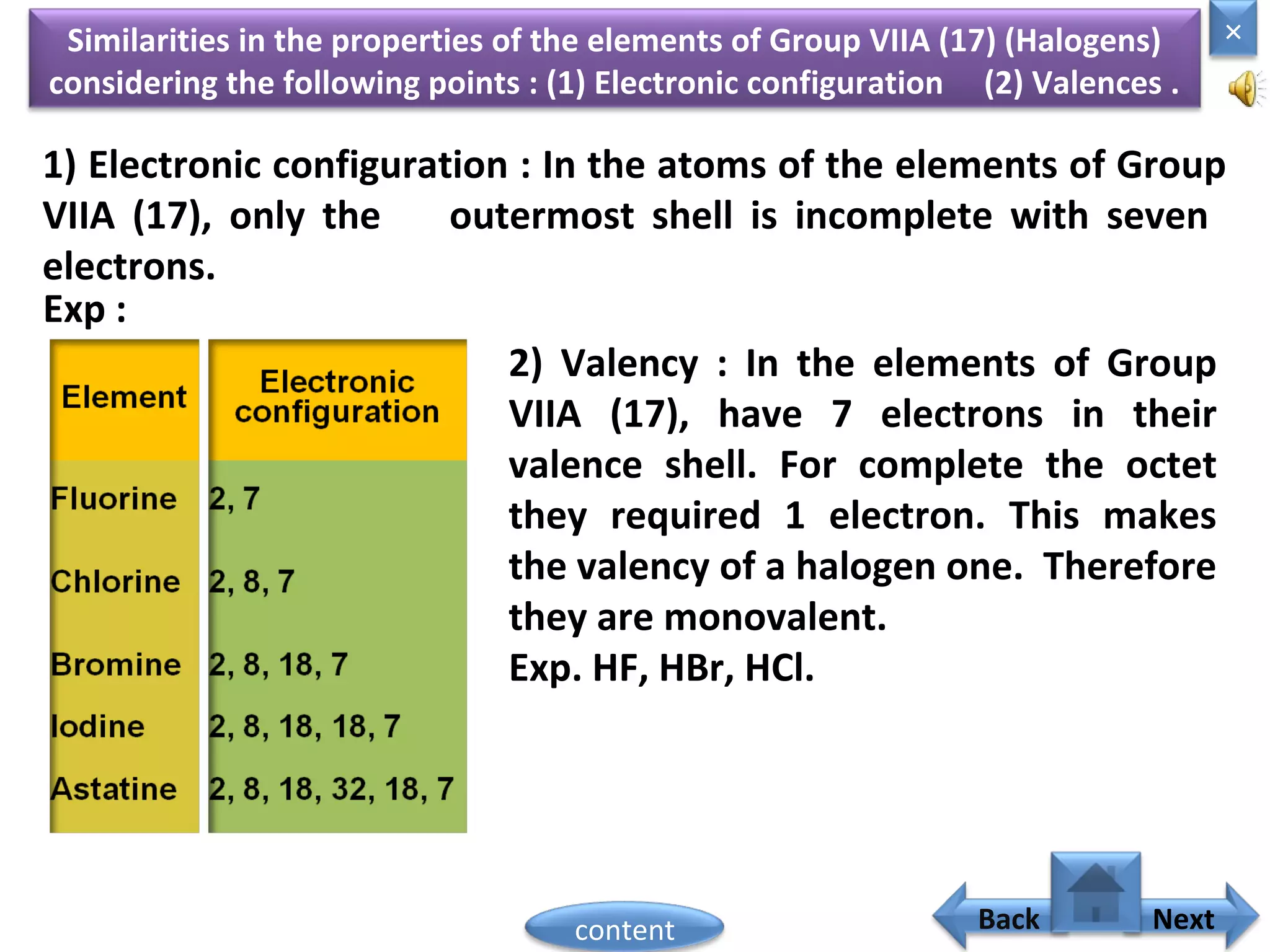 Similarities in the properties of the elements of Group VIIA (17) (Halogens)
considering the following points : (1) Electronic configuration (2) Valences .
1) Electronic configuration : In the atoms of the elements of Group
VIIA (17), only the outermost shell is incomplete with seven
electrons.
Exp :
2) Valency : In the elements of Group
VIIA (17), have 7 electrons in their
valence shell. For complete the octet
they required 1 electron. This makes
the valency of a halogen one. Therefore
they are monovalent.
Exp. HF, HBr, HCl.
Home
×
Back Nextcontent
 