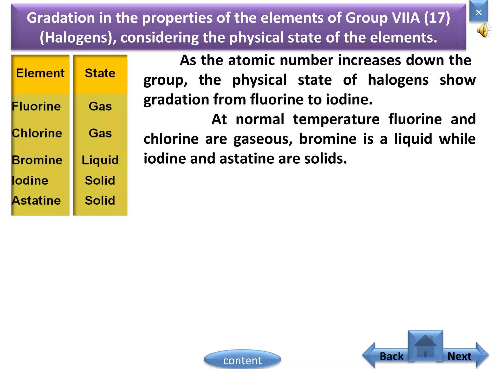 Gradation in the properties of the elements of Group VIIA (17)
(Halogens), considering the physical state of the elements.
As the atomic number increases down the
group, the physical state of halogens show
gradation from fluorine to iodine.
At normal temperature fluorine and
chlorine are gaseous, bromine is a liquid while
iodine and astatine are solids.
Home
×
Back Nextcontent
 