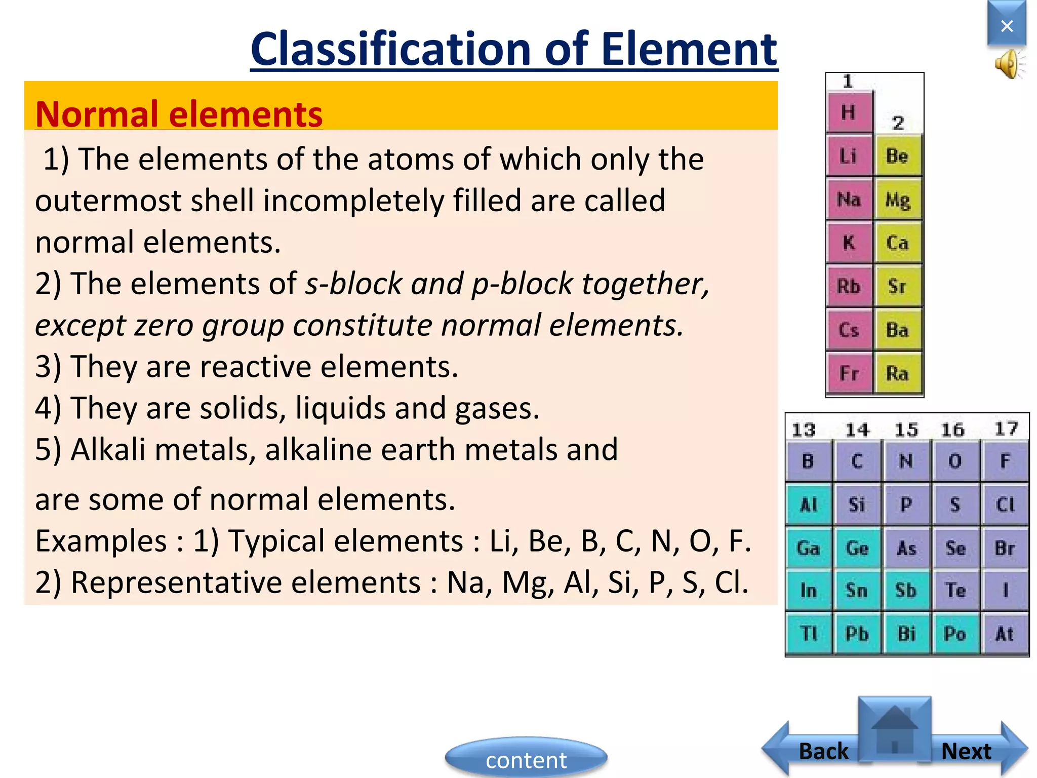 Normal elements
Classification of Element
1) The elements of the atoms of which only the
outermost shell incompletely filled are called
normal elements.
2) The elements of s-block and p-block together,
except zero group constitute normal elements.
3) They are reactive elements.
4) They are solids, liquids and gases.
5) Alkali metals, alkaline earth metals and
halogensare some of normal elements.
Examples : 1) Typical elements : Li, Be, B, C, N, O, F.
2) Representative elements : Na, Mg, Al, Si, P, S, Cl.
Home
×
Back Nextcontent
 