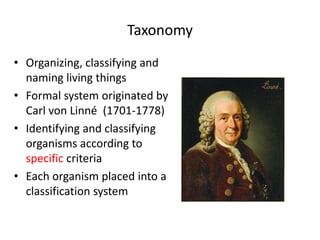 Taxonomy
• Organizing, classifying and
naming living things
• Formal system originated by
Carl von Linné (1701-1778)
• Identifying and classifying
organisms according to
specific criteria
• Each organism placed into a
classification system
 
