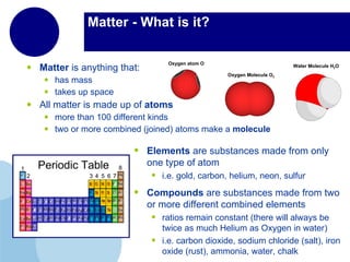 Matter - What is it? Matter  is anything that: has mass takes up space All matter is made up of  atoms more than 100 different kinds  two or more combined (joined) atoms make a  molecule Elements  are substances made from only  one type of atom i.e. gold, carbon, helium, neon, sulfur Compounds  are substances made from two or more different combined elements ratios remain constant (there will always be twice as much Helium as Oxygen in water) i.e. carbon dioxide, sodium chloride (salt), iron oxide (rust), ammonia, water, chalk Oxygen Molecule O 2 Water Molecule H 2 O Oxygen atom O 