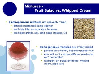 Mixtures -  Fruit Salad vs. Whipped Cream Heterogeneous mixtures  are unevenly mixed different substances clump together easily identified as separate substances examples: granite, soil, sand, salad dressing, OJ Homogeneous mixtures  are evenly mixed particles are uniformly dispersed (spread out)  even with a microscope, different substances can't be identified examples: air, brass, antifreeze, whipped cream, apple juice 