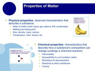 Properties of Matter Physical properties : observed characteristics that describe a substance  State of matter (solid, liquid, gas, plasma, B-E condensate) Melting and boiling point Size, density, mass, volume Temperature,  color , texture, etc. Chemical properties : characteristics that describe how a substance's composition can change (undergo a chemical reaction) Flammability Susceptibility to rust (oxidation state) Resistance to decomposition Reactivity to other substances Toxicity 