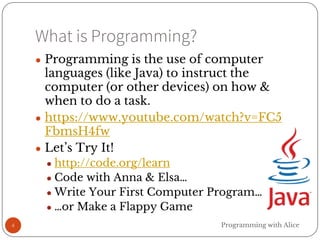 What is Programming?
4
● Programming is the use of computer
languages (like Java) to instruct the
computer (or other devices) on how &
when to do a task.
● https://www.youtube.com/watch?v=FC5
FbmsH4fw
● Let’s Try It!
● http://code.org/learn
● Code with Anna & Elsa…
● Write Your First Computer Program…
● …or Make a Flappy Game
Programming with Alice
 