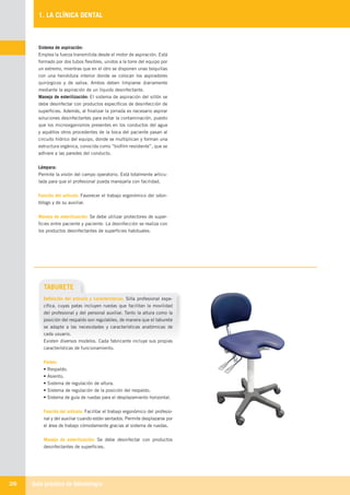 Guía práctica de Odontología26
1. LA CLÍNICA DENTAL
TABURETE
Definición del artículo y características: Silla profesional espe-
cífica, cuyas patas incluyen ruedas que facilitan la movilidad
del profesional y del personal auxiliar. Tanto la altura como la
posición del respaldo son regulables, de manera que el taburete
se adapte a las necesidades y características anatómicas de
cada usuario.
Existen diversos modelos. Cada fabricante incluye sus propias
características de funcionamiento.
Partes:
• Respaldo.
• Asiento.
• Sistema de regulación de altura.
• Sistema de regulación de la posición del respaldo.
• Sistema de guía de ruedas para el desplazamiento horizontal.
Función del artículo: Facilitar el trabajo ergonómico del profesio-
nal y del auxiliar cuando están sentados. Permite desplazarse por
el área de trabajo cómodamente gracias al sistema de ruedas.
Manejo de esterilización: Se debe desinfectar con productos
desinfectantes de superficies.
Sistema de aspiración:
Emplea la fuerza transmitida desde el motor de aspiración. Está
formado por dos tubos flexibles, unidos a la torre del equipo por
un extremo, mientras que en el otro se disponen unas boquillas
con una hendidura interior donde se colocan los aspiradores
quirúrgicos y de saliva. Ambos deben limpiarse diariamente
mediante la aspiración de un líquido desinfectante.
Manejo de esterilización: El sistema de aspiración del sillón se
debe desinfectar con productos específicos de desinfección de
superficies. Además, al finalizar la jornada es necesario aspirar
soluciones desinfectantes para evitar la contaminación, puesto
que los microorganismos presentes en los conductos del agua
y aquéllos otros procedentes de la boca del paciente pasan al
circuito hídrico del equipo, donde se multiplican y forman una
estructura orgánica, conocida como “biofilm resistente”, que se
adhiere a las paredes del conducto.
Lámpara:
Permite la visión del campo operatorio. Está totalmente articu-
lada para que el profesional pueda manejarla con facilidad.
Función del artículo: Favorecer el trabajo ergonómico del odon-
tólogo y de su auxiliar.
Manejo de esterilización: Se debe utilizar protectores de super-
ficies entre paciente y paciente. La desinfección se realiza con
los productos desinfectantes de superficies habituales.
LLIBRE PROCLINIC-OK-corregido.indd 26 6/9/10 16:33:03
 