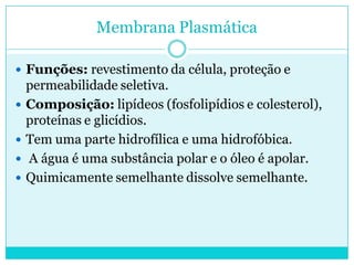 Membrana Plasmática
 Funções: revestimento da célula, proteção e






permeabilidade seletiva.
Composição: lipídeos (fosfolipídios e colesterol),
proteínas e glicídios.
Tem uma parte hidrofílica e uma hidrofóbica.
A água é uma substância polar e o óleo é apolar.
Quimicamente semelhante dissolve semelhante.

 