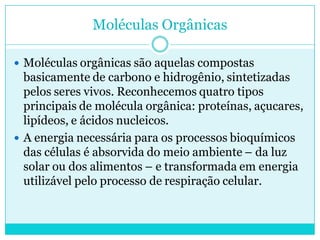 Moléculas Orgânicas
 Moléculas orgânicas são aquelas compostas

basicamente de carbono e hidrogênio, sintetizadas
pelos seres vivos. Reconhecemos quatro tipos
principais de molécula orgânica: proteínas, açucares,
lipídeos, e ácidos nucleicos.
 A energia necessária para os processos bioquímicos
das células é absorvida do meio ambiente – da luz
solar ou dos alimentos – e transformada em energia
utilizável pelo processo de respiração celular.

 