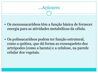 ...Açúcares

 Os monossacarídeos têm a função básica de fornecer

energia para as atividades metabólicas da célula.
 Os polissacarídeos podem ter função estrutural,

como a quitina, que dá forma ao exoesqueleto dos
artrópodes (como a barata) e a celulose, na parede
celular dos vegetais.

 