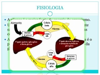 FISIOLOGIA
 A glicose é a maior fonte de energia do organismo.
 Uma concentração elevada de glicose na corrente

sanguínea estimula a produção de insulina pelas
células β do pâncreas.
 A insulina é liberada na corrente sanguínea. Ela é o
principal hormônio responsável pela utilização da
glicose.

 