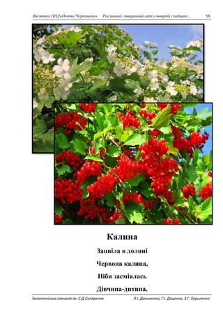 Виставка ППД»Освіта Черкащини» Рослинний і тваринний світ у творчій спадщині… 59 
Калина 
Зацвіла в долині 
Червона калина, 
Ніби засміялась 
Дівчина-дитина. 
Золотоніська гімназія ім. С.Д.Скляренка Л.І. Даниленко, Г.І. Даценко, З.Г. Куриленко 
 