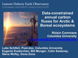 Data-constrained
annual carbon
fluxes for Arctic &
Boreal ecosystems
Luke Schiferl, Post-doc, Columbia University
Eugenie Euskirchen, Bill Munger, Colm Sweeney,
Steve Wofsy, Dona Zona
Róisín Commane
Columbia University
rcommane@LDEO.columbia.edu
 