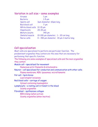 Variation in cell size – some examples
      Viruses                   1 µm
      Bacteria                  1-5 µm
      Sperm cell          3µm diameter; 60µm long
      Red blood cell            7 µm
      White blood cells   12-15 µm
      Hepatocyte          20-30 µm
      Mature oocyte             140 µm
      Skeletal muscle     10-100 µm diameter; 1 – 30 cm long
      Nerve cells         4 – 150 µm diameter; 10 µm-1 metre long




Cell specialization
Most cells are specialized to perform one particular function. The
predominant organelles they contain are the ones that are necessary for
performing that specific function.
The following are some examples of specialized cells and the main organelles
they contain
Muscle cell – specialized for movement
      Numerous actin filaments & mitochondria
Neuron – cell specialized for conduction and communication with other cells;
      Plasma membrane; RER; lysosomes; microfilaments
Fat cell – lipid stores
      Lipid droplet inclusions
Red blood cells – carriage of oxygen
      Cytosol containing haemoglobin
Lymphocyte – a resting cell in transit in the blood
      Scanty organelles
Fibroblast – synthesizes collagen
      RER & Golgi (when active)
      Scanty organelles (when inactive)
 