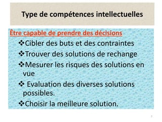 7
Type de compétences intellectuelles
Être capable de prendre des décisions
Cibler des buts et des contraintes
Trouver des solutions de rechange
Mesurer les risques des solutions en
vue
 Evaluation des diverses solutions
possibles.
Choisir la meilleure solution.
 