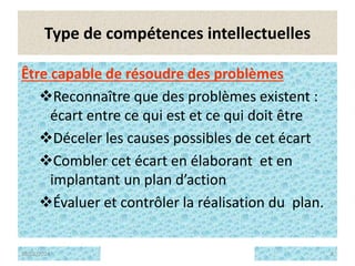 8
Type de compétences intellectuelles
Être capable de résoudre des problèmes
Reconnaître que des problèmes existent :
écart entre ce qui est et ce qui doit être
Déceler les causes possibles de cet écart
Combler cet écart en élaborant et en
implantant un plan d’action
Évaluer et contrôler la réalisation du plan.
16/01/2024 8
 