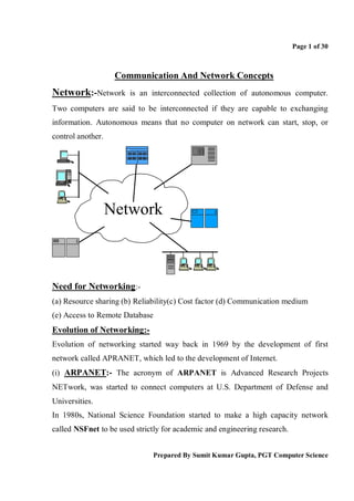 Page 1 of 30



                    Communication And Network Concepts
Network:-Network       is an interconnected collection of autonomous computer.
Two computers are said to be interconnected if they are capable to exchanging
information. Autonomous means that no computer on network can start, stop, or
control another.




                   Network



Need for Networking:-
(a) Resource sharing (b) Reliability(c) Cost factor (d) Communication medium
(e) Access to Remote Database
Evolution of Networking:-
Evolution of networking started way back in 1969 by the development of first
network called APRANET, which led to the development of Internet.
(i) ARPANET:- The acronym of ARPANET is Advanced Research Projects
NETwork, was started to connect computers at U.S. Department of Defense and
Universities.
In 1980s, National Science Foundation started to make a high capacity network
called NSFnet to be used strictly for academic and engineering research.


                                Prepared By Sumit Kumar Gupta, PGT Computer Science
 