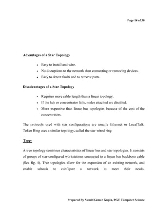 Page 14 of 30




Advantages of a Star Topology

            Easy to install and wire.
            No disruptions to the network then connecting or removing devices.
            Easy to detect faults and to remove parts.

Disadvantages of a Star Topology

            Requires more cable length than a linear topology.
            If the hub or concentrator fails, nodes attached are disabled.
            More expensive than linear bus topologies because of the cost of the
             concentrators.

The protocols used with star configurations are usually Ethernet or LocalTalk.
Token Ring uses a similar topology, called the star-wired ring.

Tree-

A tree topology combines characteristics of linear bus and star topologies. It consists
of groups of star-configured workstations connected to a linear bus backbone cable
(See fig. 4). Tree topologies allow for the expansion of an existing network, and
enable    schools    to    configure     a    network     to    meet    their       needs.




                                Prepared By Sumit Kumar Gupta, PGT Computer Science
 
