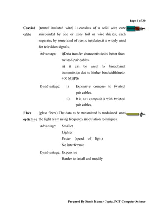 Page 6 of 30

Coaxial   (round insulated wire) It consists of a solid wire core
cable     surrounded by one or more foil or wire shields, each
          separated by some kind of plastic insulator.it is widely used
          for television signals.

           Advantage:      i)Data transfer characteristics is better than
                           twisted-pair cables.
                           ii)        it   can   be        used   for   broadband
                           transmission due to higher bandwidth(upto
                           400 MBPS)

           Disadvantage:         i)        Expensive compare to twisted
                                           pair cables.
                                 ii)       It is not compatible with twisted
                                           pair cables.

Fiber     (glass fibers) The data to be transmitted is modulated onto
optic line the light beam using frequency modulation techniques.
           Advantage:      Smaller
                           Lighter
                           Faster          (speed     of     light)
                           No interference

           Disadvantage: Expensive
                           Harder to install and modify




                                  Prepared By Sumit Kumar Gupta, PGT Computer Science
 