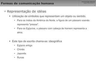 Formas de comunicação humana Representação de idéias Utilização de símbolos que representam um objeto ou sentido.  Para os índios da América do Norte, a figura de um pássaro voando representa "pressa". Para os Egípcios, o pássaro com cabeça de homem representa a alma. Este tipo de escrita chama-se: ideográfica Egípcio antigo Chinês Japonês Runas 