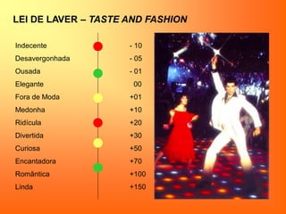 LEI DE LAVER – TASTE AND FASHION
Indecente - 10
Desavergonhada - 05
Ousada - 01
Elegante 00
Fora de Moda +01
Medonha +10
Ridícula +20
Divertida +30
Curiosa +50
Encantadora +70
Romântica +100
Linda +150
 
