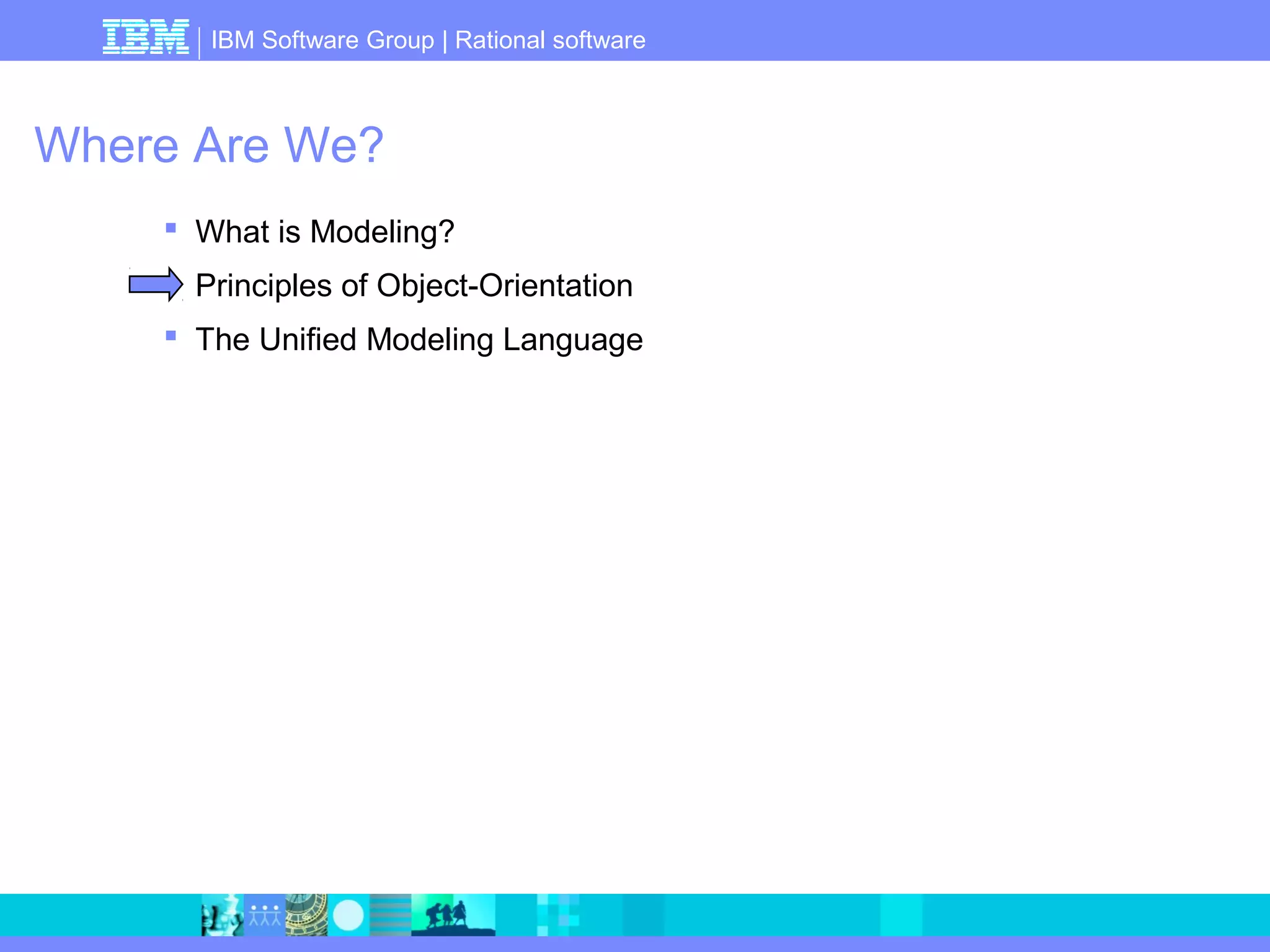 IBM Software Group | Rational software 
Where Are We? 
 What is Modeling? 
 Principles of Object-Orientation 
 The Unified Modeling Language 
 