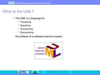 IBM Software Group | Rational software 
What Is the UML? 
 The UML is a language for 
 Visualizing 
 Specifying 
 Constructing 
 Documenting 
the artifacts of a software-intensive system 
 