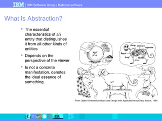 IBM Software Group | Rational software 
What Is Abstraction? 
 The essential 
characteristics of an 
entity that distinguishes 
it from all other kinds of 
entities 
 Depends on the 
perspective of the viewer 
 Is not a concrete 
manifestation, denotes 
the ideal essence of 
something 
From Object-Oriented Analysis and Design with Applications by Grady Booch, 1994 
 