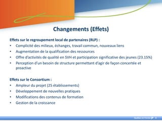 Changements (Effets)
Effets sur le regroupement local de partenaires (RLP) :
• Complicité des milieux, échanges, travail commun, nouveaux liens
• Augmentation de la qualification des ressources
• Offre d’activités de qualité en SVH et participation significative des jeunes (23.15%)
• Perception d’un besoin de structure permettant d’agir de façon concertée et
    proactive

Effets sur le Consortium :
• Ampleur du projet (25 établissements)
• Développement de nouvelles pratiques
• Modifications des contenus de formation
• Gestion de la croissance


                                                                            Québec en Forme   8
 