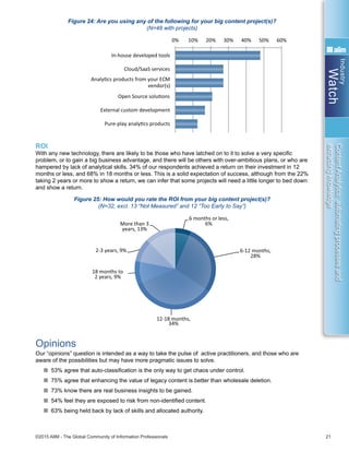 Industry
Watch
©2015 AIIM - The Global Community of Information Professionals 21
ContentAnalytics:automatingprocessesand
extractingknowledge
Figure 24: Are you using any of the following for your big content project(s)?
(N=48 with projects)
ROI
With any new technology, there are likely to be those who have latched on to it to solve a very specific
problem, or to gain a big business advantage, and there will be others with over-ambitious plans, or who are
hampered by lack of analytical skills. 34% of our respondents achieved a return on their investment in 12
months or less, and 68% in 18 months or less. This is a solid expectation of success, although from the 22%
taking 2 years or more to show a return, we can infer that some projects will need a little longer to bed down
and show a return.
Figure 25: How would you rate the ROI from your big content project(s)?
(N=32, excl. 13 “Not Measured” and 12 “Too Early to Say”)
Opinions
Our “opinions” question is intended as a way to take the pulse of active practitioners, and those who are
aware of the possibilities but may have more pragmatic issues to solve.
n 53% agree that auto-classification is the only way to get chaos under control.
n 75% agree that enhancing the value of legacy content is better than wholesale deletion.
n 73% know there are real business insights to be gained.
n 54% feel they are exposed to risk from non-identified content.
n 63% being held back by lack of skills and allocated authority.
0% 10% 20% 30% 40% 50% 60%
In-house developed tools
Cloud/SaaS services
AnalyƟcs products from your ECM
vendor(s)
Open Source soluƟons
External custom development
Pure-play analyƟcs products
6 months or less,
6%
6-12 months,
28%
12-18 months,
34%
18 months to
2 years, 9%
2-3 years, 9%
More than 3
years, 13%
40% 20% 0% 20% 40% 60% 80%
Automated classiﬁcaƟon using content analyƟcs
is the only way to get our content chaos under
control.
Enhancing the value of our legacy content
through analyƟcs is a beƩer strategy than
whole-scale deleƟon.
Content-based automaƟon is the only way to
cope with increasing volumes of mulƟ-channel
inbound content.
We are exposed to considerable risk in the
business due to content that is not correctly
idenƟﬁed.
There are real business insights in our content if
we can get the analyƟcs right.
Monitoring social media for customer senƟment
 