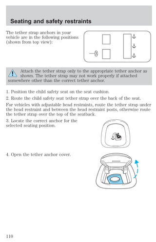 Seating and safety restraints 
The tether strap anchors in your 
vehicle are in the following positions 
(shown from top view): 
Attach the tether strap only to the appropriate tether anchor as 
shown. The tether strap may not work properly if attached 
somewhere other than the correct tether anchor. 
1. Position the child safety seat on the seat cushion. 
2. Route the child safety seat tether strap over the back of the seat. 
For vehicles with adjustable head restraints, route the tether strap under 
the head restraint and between the head restraint posts, otherwise route 
the tether strap over the top of the seatback. 
3. Locate the correct anchor for the 
selected seating position. 
4. Open the tether anchor cover. 
110 
 